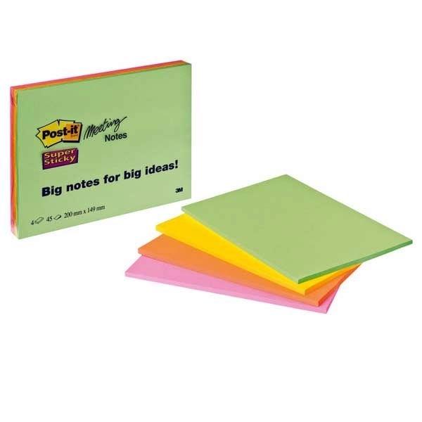 3M POS-IT BLOCS 203X152MM PACK 4 SUPER STICKY NEÓN COLORES SURTIDOS